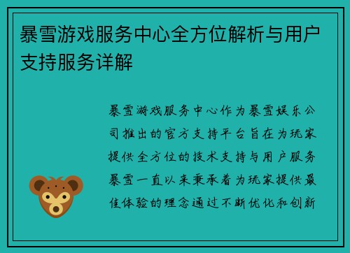 暴雪游戏服务中心全方位解析与用户支持服务详解