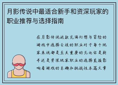 月影传说中最适合新手和资深玩家的职业推荐与选择指南